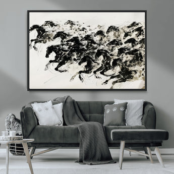 23069-MGV-CV-36X24-Galloping Horses Wall Art – Black Ink Painting on Canvas, Dynamic Equestrian Artwork with Running Stallions, Expressive Modern