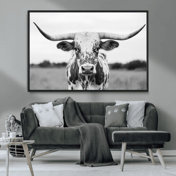 20272-MGV-FC-36X24_Black-Highland Cow Wall Art – Black and White Western Longhorn Canvas Print, Farmhouse Living Room Decor Southwestern Animal Artwork for