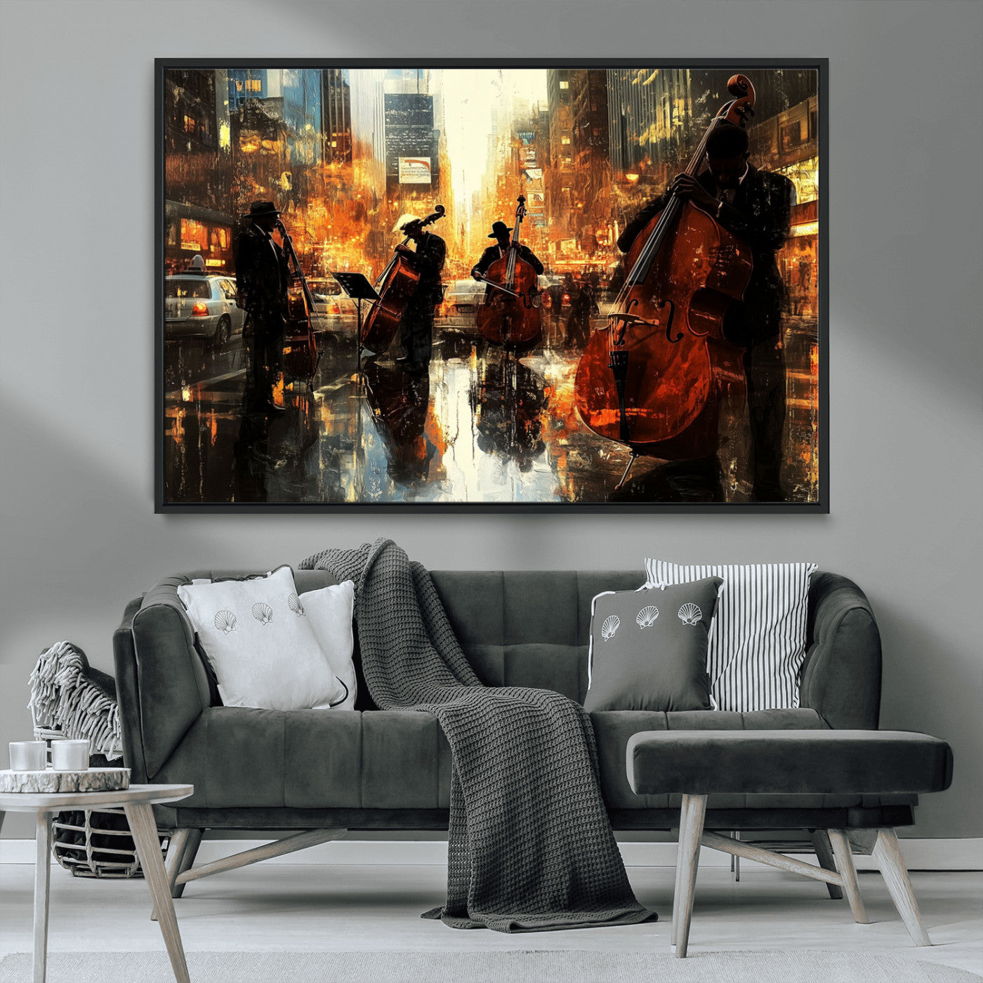 22398-MGV-CV-36X24-Urban Jazz Band Wall Art – Golden City Street Music Scene Canvas Print, Vintage Jazz Musicians Painting for Living Room, Office,