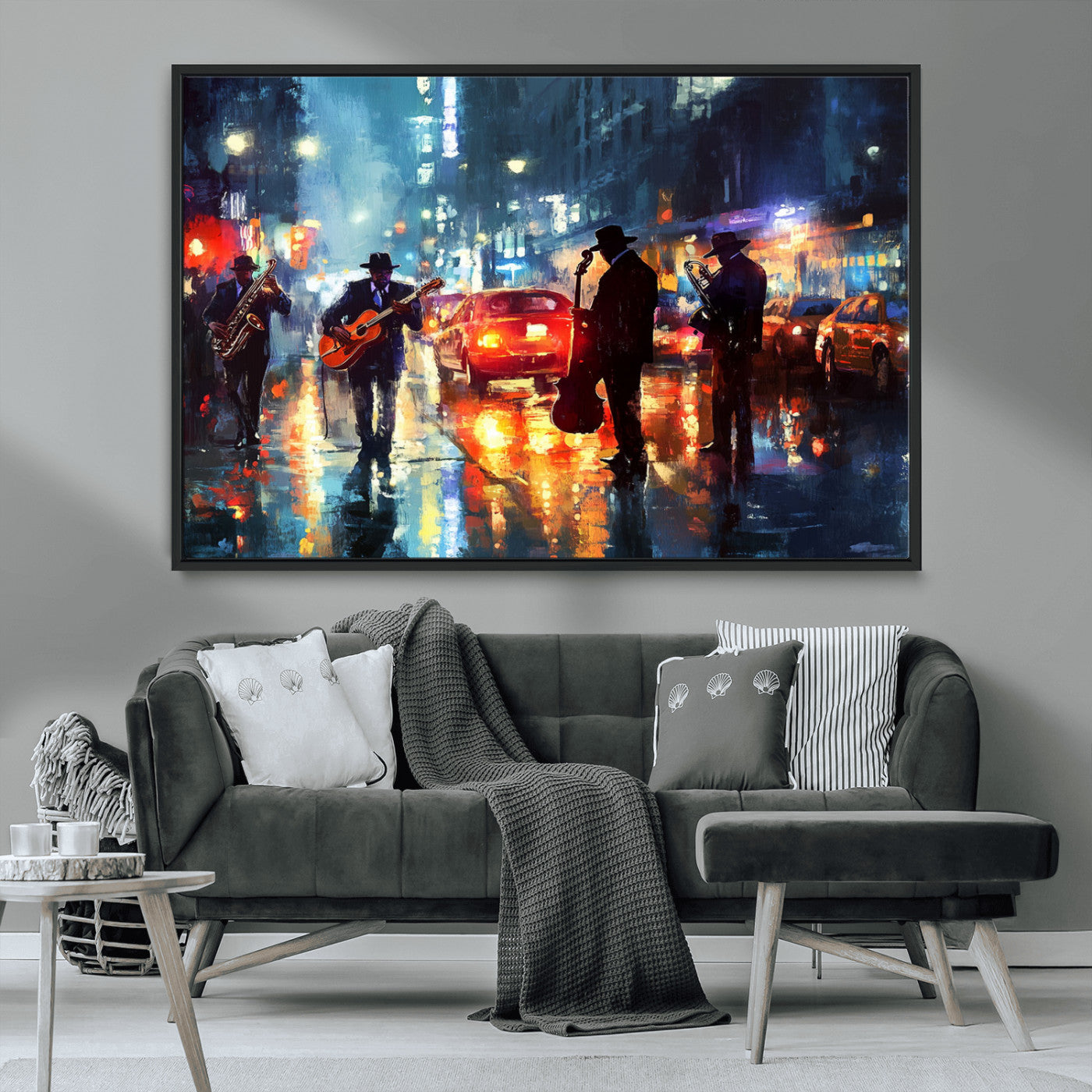 94605-MGV-CV-36X24-City Jazz Night Wall Art – Vibrant Music Canvas Print Featuring Saxophone, Guitar and Bass Players, Urban Street Scene Artwork for