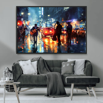 94605-MGV-CV-36X24-City Jazz Night Wall Art – Vibrant Music Canvas Print Featuring Saxophone, Guitar and Bass Players, Urban Street Scene Artwork for