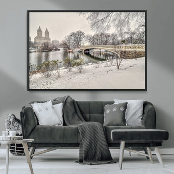 60292-MGV-CV-36X24-Central Park Winter Wall Art – Snowy Bow Bridge Canvas Print, Scenic New York City Landscape Photography for Living Room, Bedroom