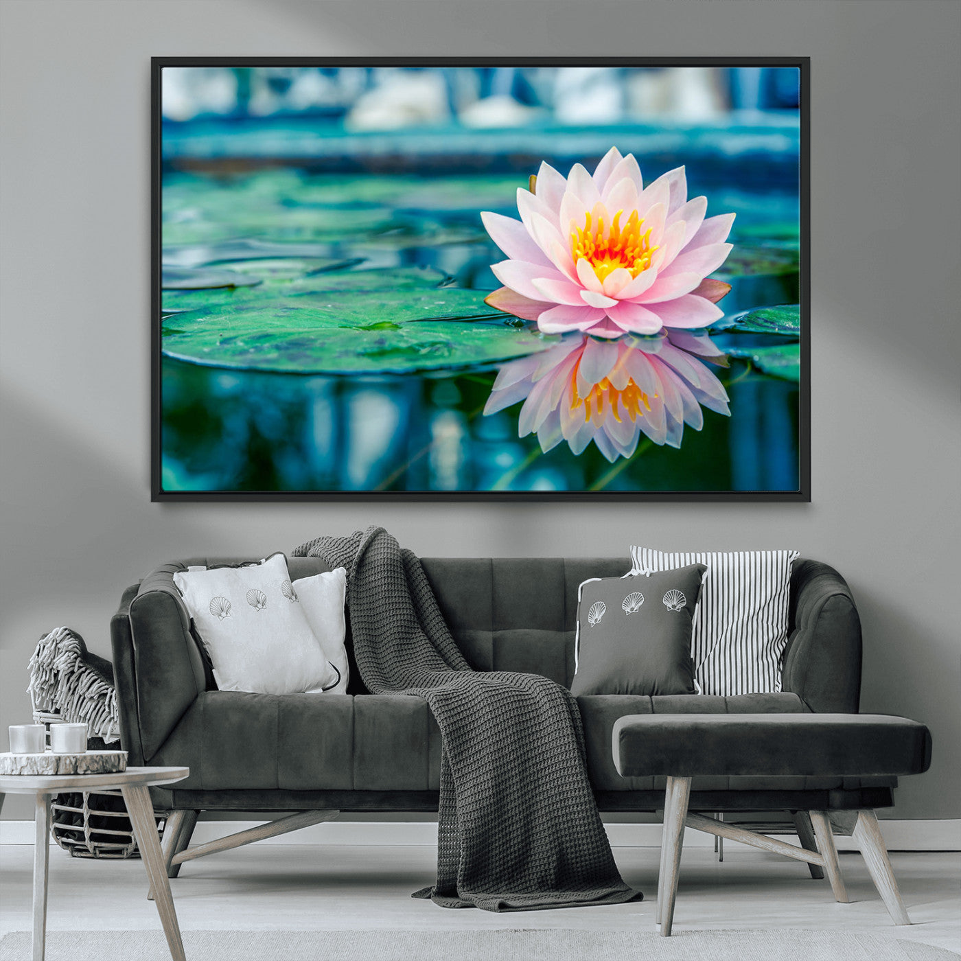 65933-MGV-CV-36X24-Pink Water Lily Wall Art – Lotus Flower Canvas Print with Reflection on Calm Water, Peaceful Botanical Artwork for Living Room,