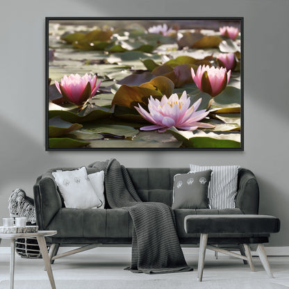 72218-MGV-CV-36X24-Water Lily Pond Wall Art – Pink Lotus Flowers Canvas Print with Green Lily Pads, Peaceful Botanical Artwork for Living Room,