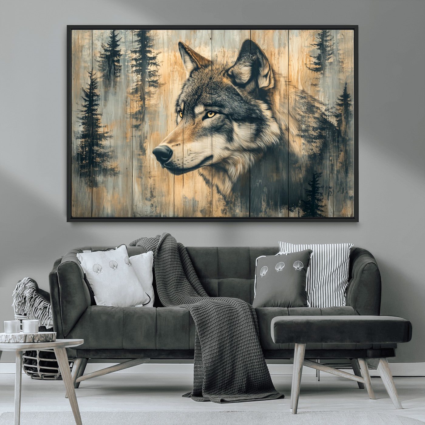 51892-MGV-CV-36X24-Wolf Wall Art – Rustic Canvas Print of Wolf with Forest Trees on Wood Texture, Wildlife Lodge Artwork for Living Room, Bedroom,