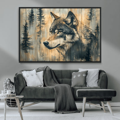 51892-MGV-CV-36X24-Wolf Wall Art – Rustic Canvas Print of Wolf with Forest Trees on Wood Texture, Wildlife Lodge Artwork for Living Room, Bedroom,
