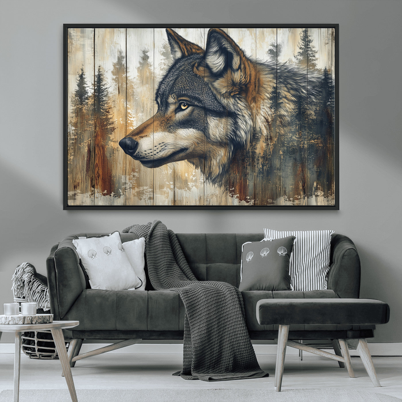 91882-MGV-CV-36X24-Wolf Wall Art – Rustic Canvas Print of Forest Wolf on Wood Background, Wildlife Lodge Artwork for Living Room, Bedroom, Cabin, or