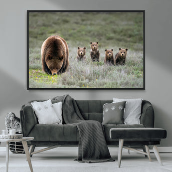 40555-MGV-CV-36X24-Bear Family Wall Art – Wildlife Canvas Print of Mother Bear with Four Cubs in Nature, Rustic Animal Artwork for Living Room,