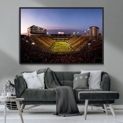 82557-MGV-CV-36X24-College Football Stadium Wall Art – Panoramic Sunset Canvas Print with Marching Band and Game Day Crowd, Sports Artwork for Man