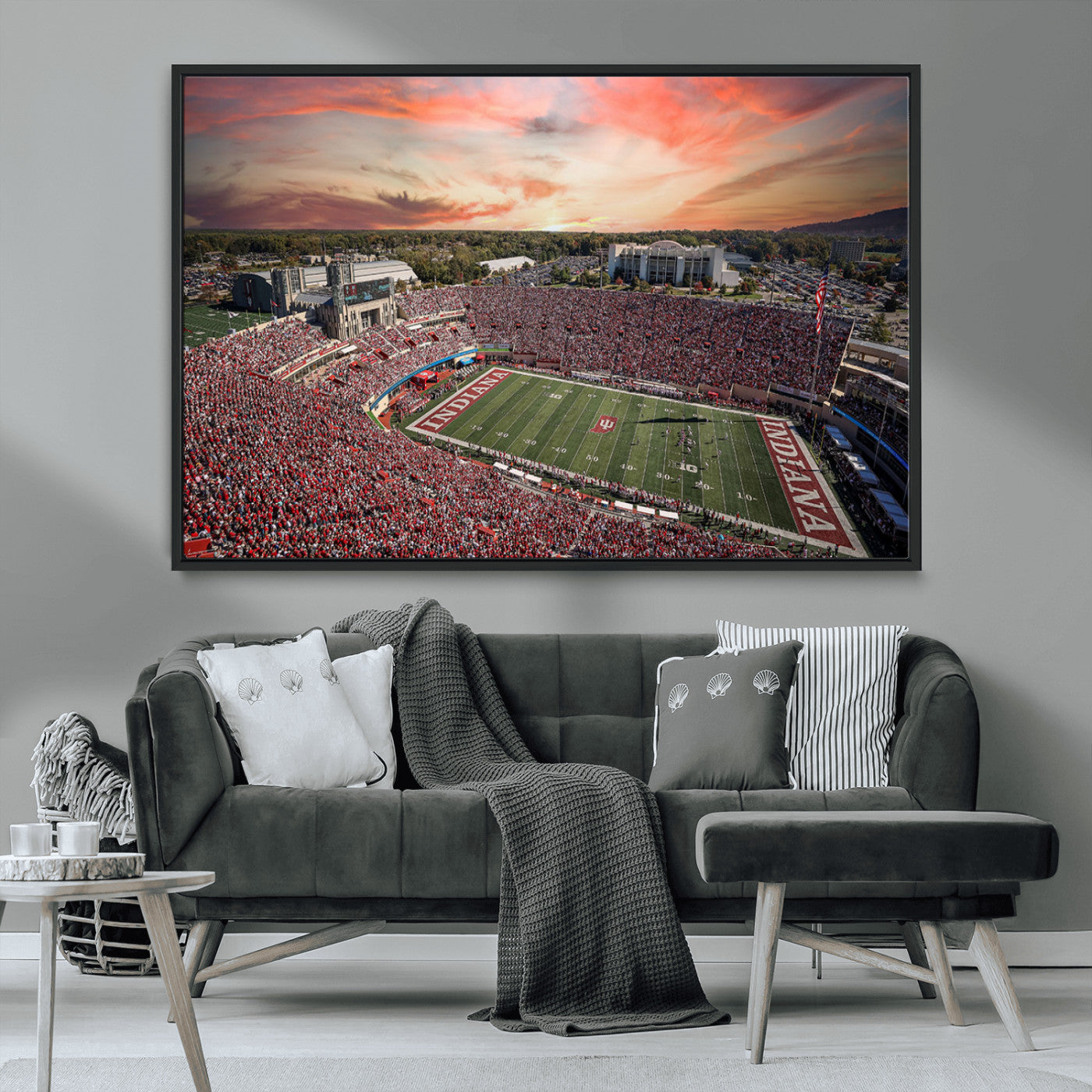 51135-MGV-CV-36X24-Indiana Hoosiers Stadium Wall Art – Panoramic Football Canvas Print with Game Day Crowd and Sunset Sky, Sports Artwork for Man