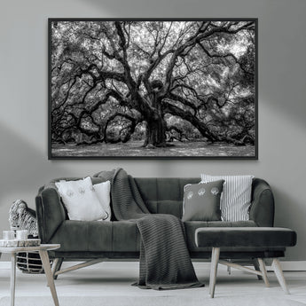 132944706-MGV-CV-36X24-Ancient Tree Wall Art – Black and White Photography Canvas Print Featuring Majestic Twisting Branches, Rustic Nature Artwork for