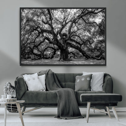 132944706-MGV-CV-36X24-Ancient Tree Wall Art – Black and White Photography Canvas Print Featuring Majestic Twisting Branches, Rustic Nature Artwork for