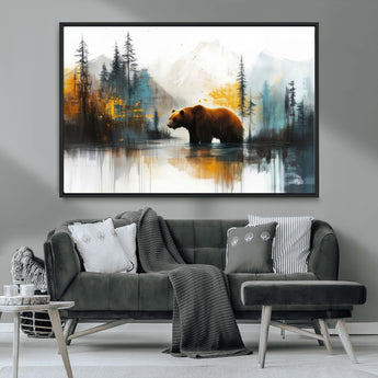 50308-MGV-FC-36X24_Black-Abstract Rustic Bear Wall Art – Forest and Mountain Scene Canvas Print, Nature Artwork for Modern Farmhouse or Log Cabin Decor