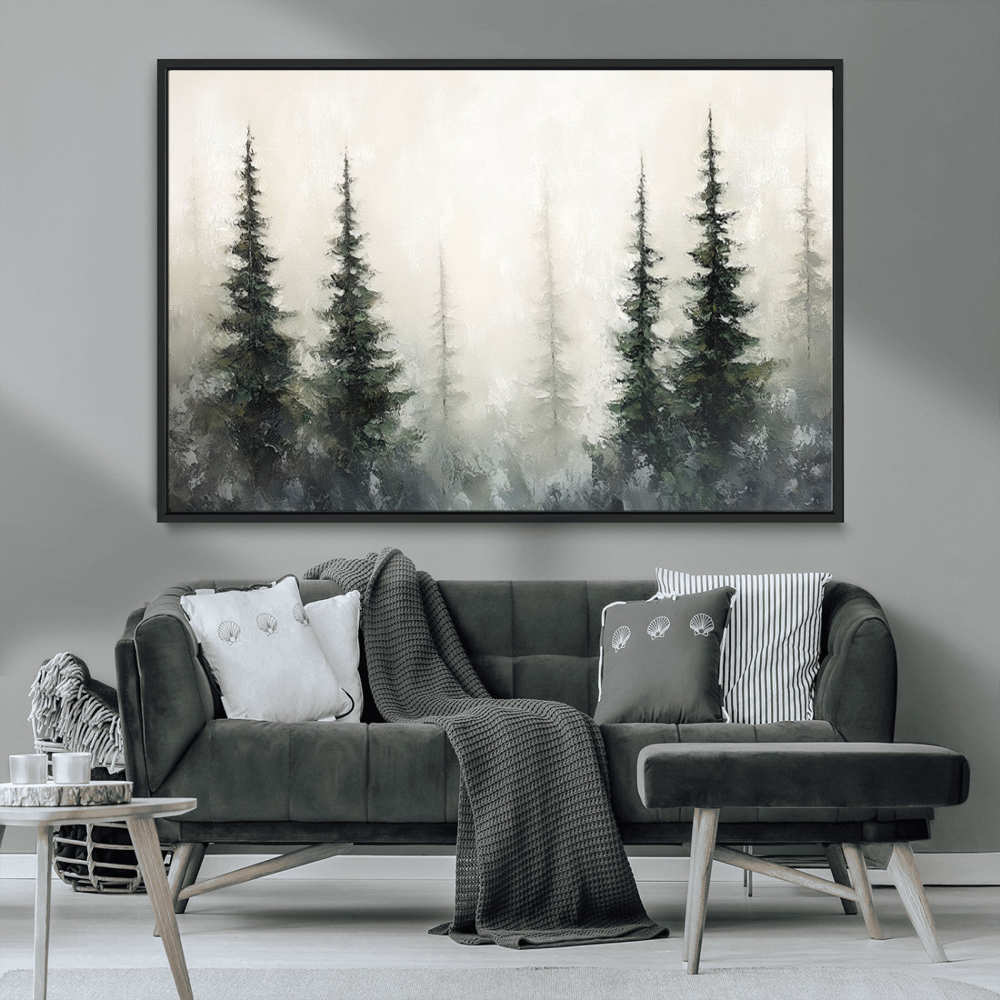 33241-MGV-CV-36X24-Misty Forest Wall Art Canvas Print, Framed Foggy Pines Art Picture Print, Forest Haze Perfect Rustic Minimalist Decor Artwork