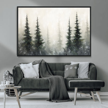 33241-MGV-CV-36X24-Misty Forest Wall Art Canvas Print, Framed Foggy Pines Art Picture Print, Forest Haze Perfect Rustic Minimalist Decor Artwork