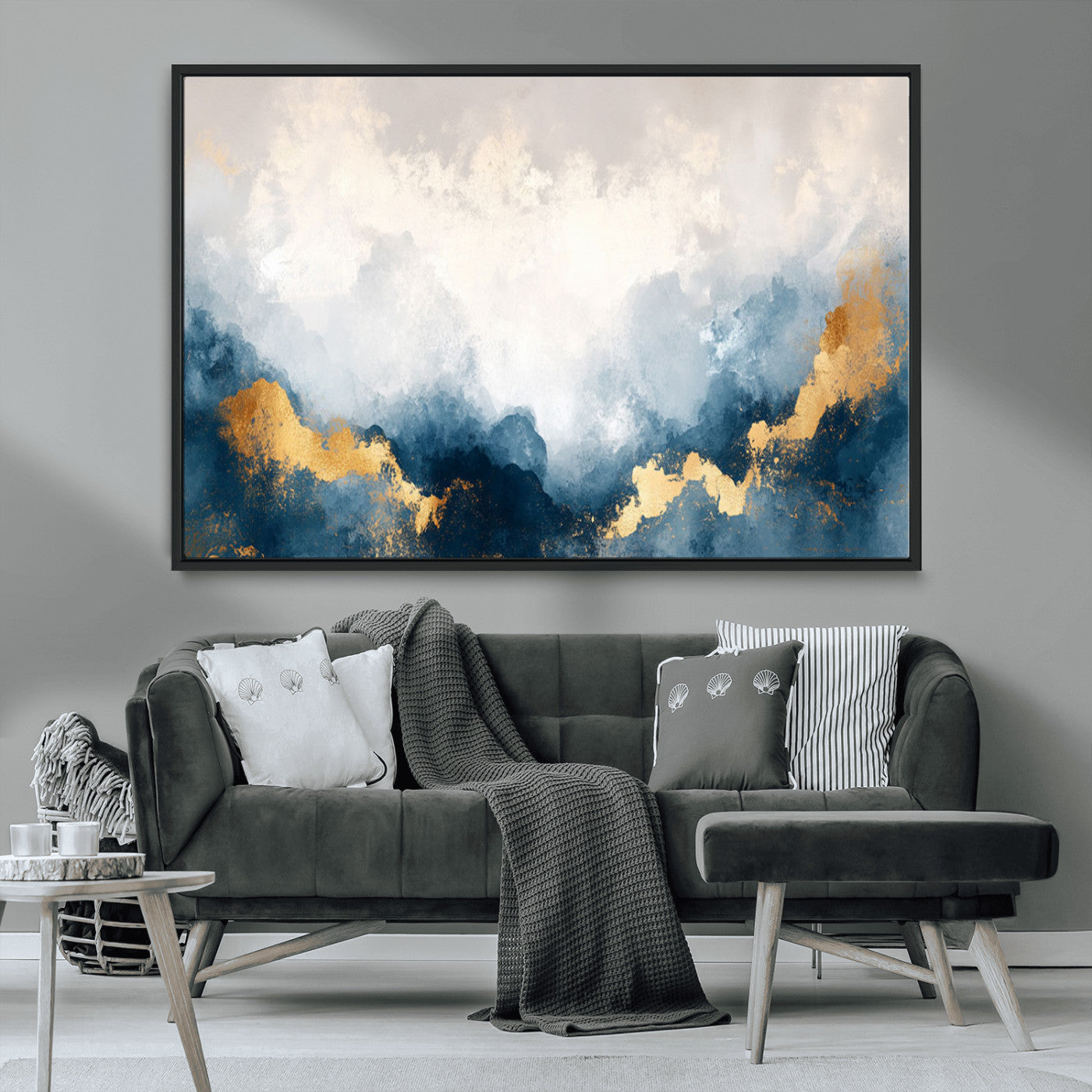 14578-MGV-CV-36X24-Abstract Wall Art – Modern Canvas Print Featuring Blue and White Clouds with Golden Accents, Contemporary Elegant Artwork for