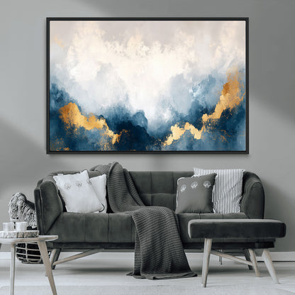 14578-MGV-CV-36X24-Abstract Wall Art – Modern Canvas Print Featuring Blue and White Clouds with Golden Accents, Contemporary Elegant Artwork for