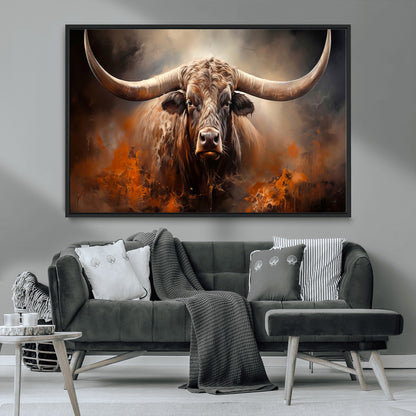 240479-MGV-CV-36X24-Longhorn Bull Wall Art – Dramatic Western Canvas Print Featuring Horned Bull with Fiery Background, Rustic Farmhouse Artwork for
