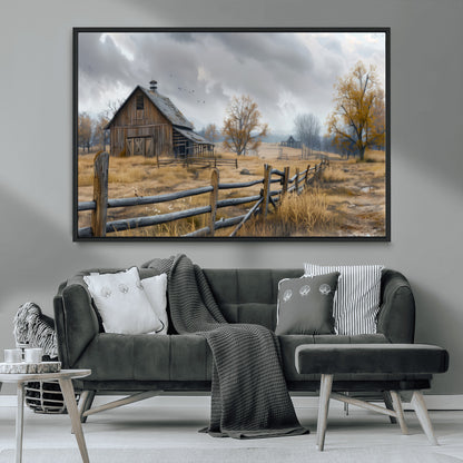 Farm1-MGV-FC-36X24_Black-Rustic Autumn Farmhouse Wall Art – Serene Countryside Scene Canvas Print, Weathered Barn and Autumn Trees Decor for Living Room,