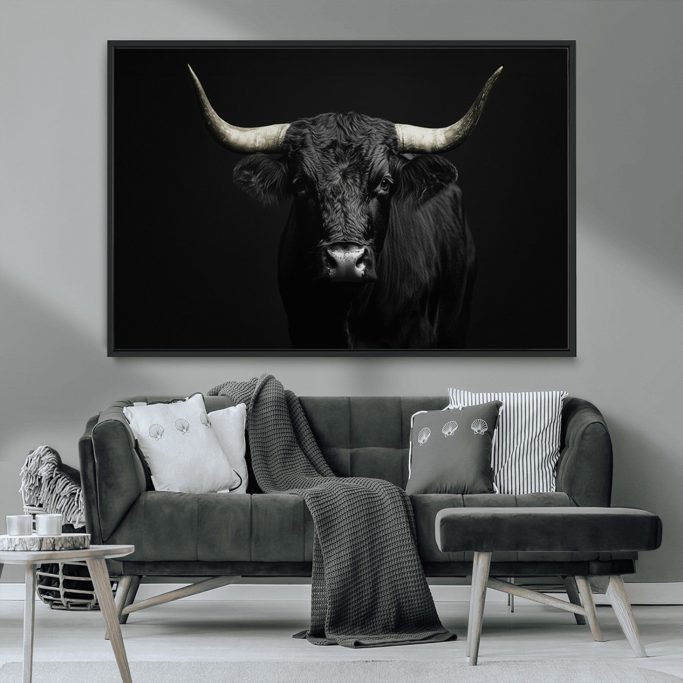 97914921-MGV-CV-36X24-Black Bull Wall Art Canvas Print, Framed Longhorn Bull Art Picture Print, Western Bull Perfect Monochrome Western Decor Artwork