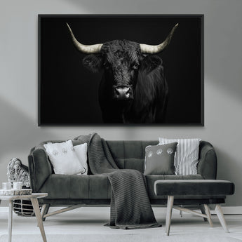 97914921-MGV-CV-36X24-Black Bull Wall Art Canvas Print, Framed Longhorn Bull Art Picture Print, Western Bull Perfect Monochrome Western Decor Artwork