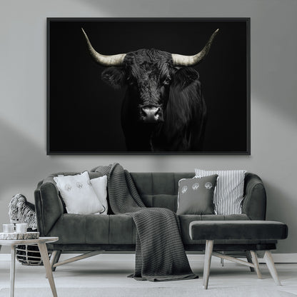 97914921-MGV-CV-36X24-Black Bull Wall Art Canvas Print, Framed Longhorn Bull Art Picture Print, Western Bull Perfect Monochrome Western Decor Artwork