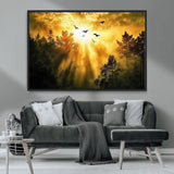 13776802-MGV-FC-36X24_Black-Golden Forest Wall Art Canvas Print, Framed Sunset Pines Art Picture Print, Flying Birds Perfect Nature Glow Decor Artwork