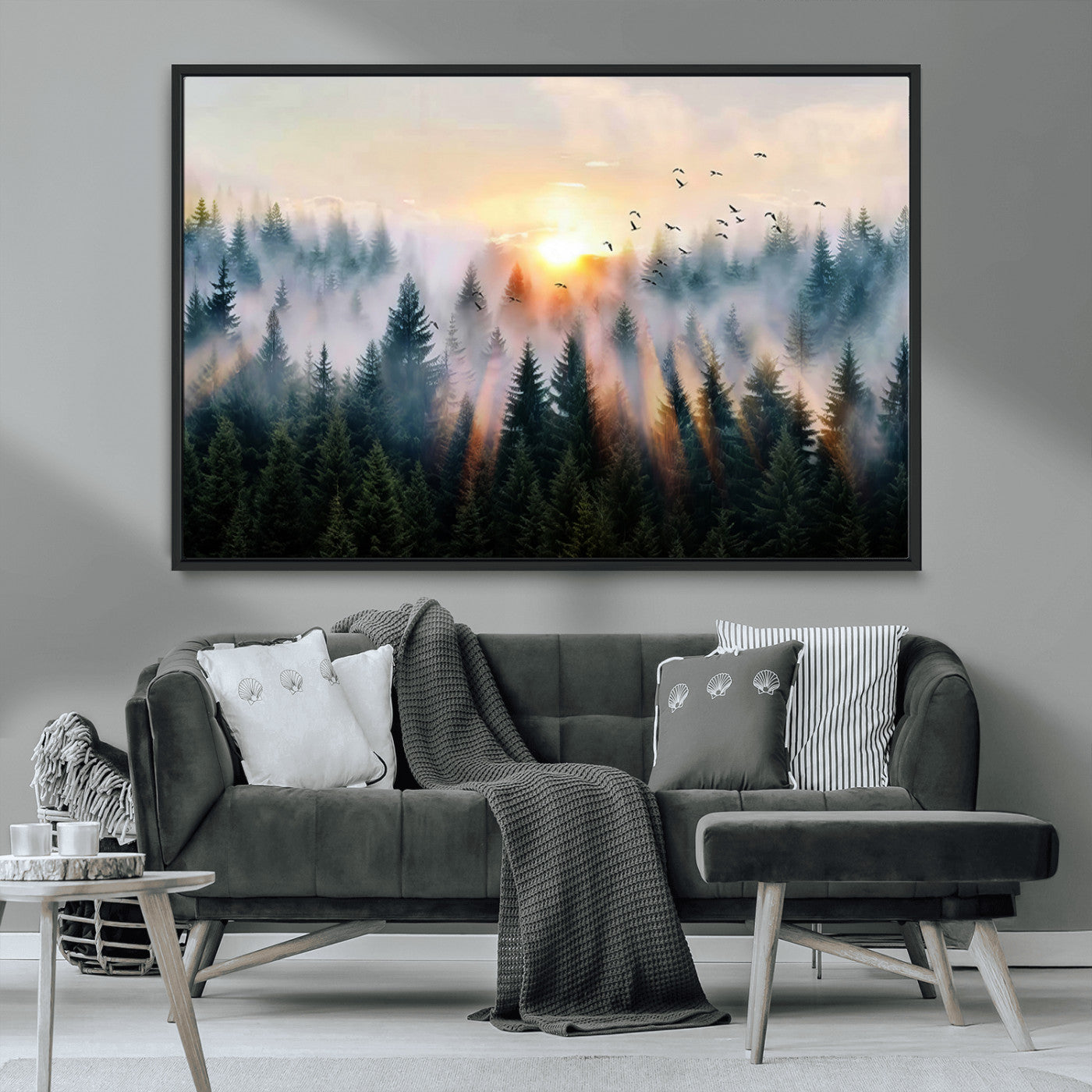 56391411-MGV-CV-36X24-Misty Forest Wall Art Canvas Print, Framed Sunrise Pines Art Picture Print, Moody Pines Perfect Serene Woodland Decor Artwork