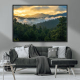 68082278-MGV-CV-36X24-Mountain Sunrise Wall Art Canvas Print, Framed Pine Forest Art Picture Print, Misty Mountains Perfect Earthy Woodland Decor