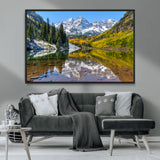 87724099-MGV-CV-36X24-Maroon Bells Wall Art Canvas Print, Framed Snowy Mountains Art Picture Print, Pine Forest Perfect Vibrant Alpine Decor Artwork