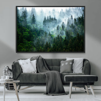 17393683-MGV-CV-36X24-Misty Forest Art Wall Art Canvas Print, Framed Foggy Mountain Art Art Picture Print, Scenic Wall Print Perfect Decor Artwork