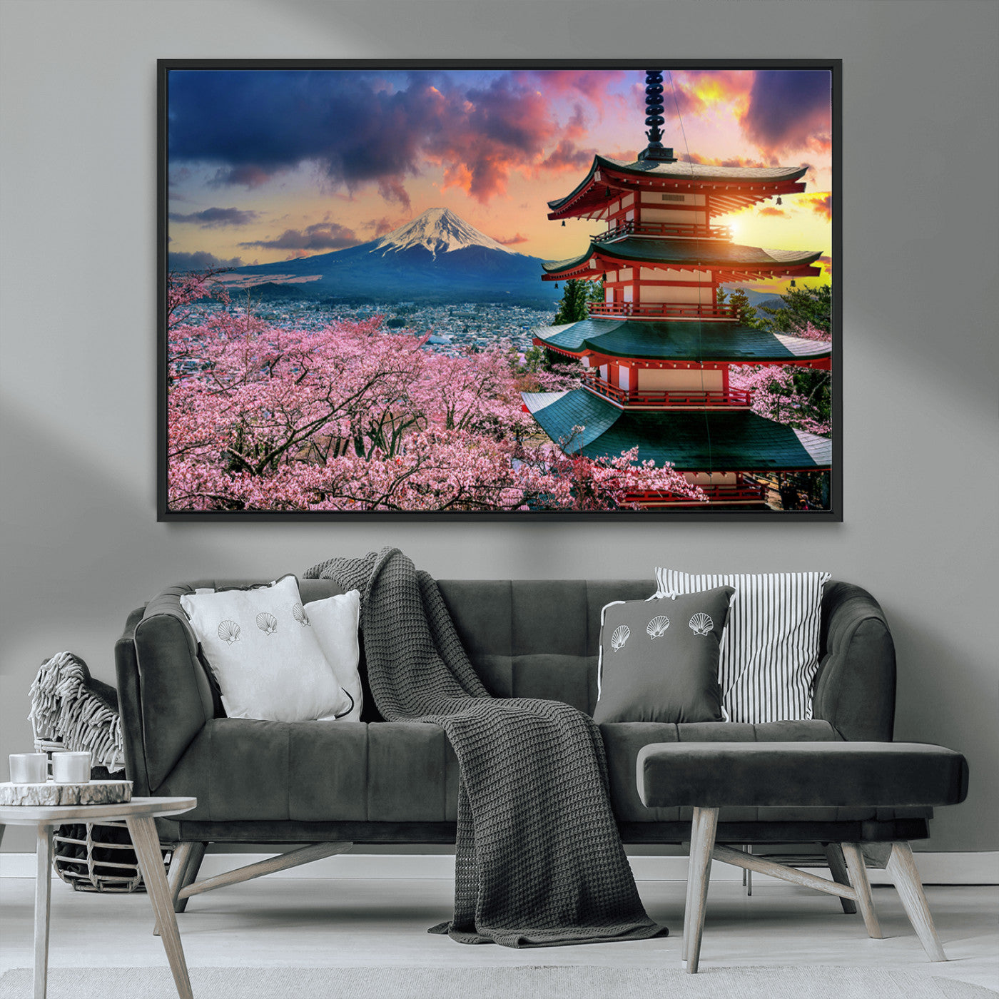 32331262-MGV-CV-36X24-Mount Fuji Japan Wall Art – Cherry Blossom Landscape Canvas Print, Chureito Pagoda Sunset Photography, Japanese Nature Travel