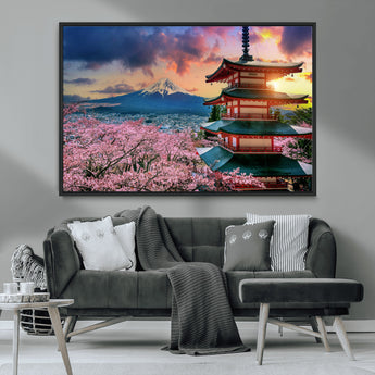 32331262-MGV-CV-36X24-Mount Fuji Japan Wall Art – Cherry Blossom Landscape Canvas Print, Chureito Pagoda Sunset Photography, Japanese Nature Travel