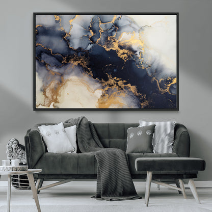 41136487-MGV-CV-36X24-Black Marble Wall Art Canvas Print, Framed Gold Veins Art Picture Print, Abstract Texture Perfect Moody Luxe Decor Artwork