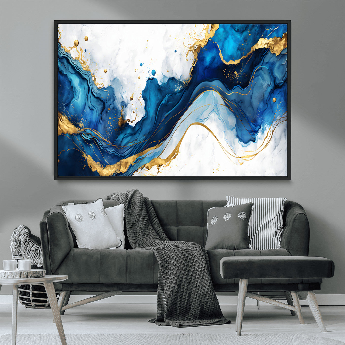 33506371-MGV-CV-36X24-Blue Marble Wall Art Canvas Print, Framed Gold Splash Art Picture Print, Abstract Wave Perfect Modern Luxe Decor Artwork