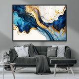 60283636-MGV-CV-36X24-Blue Gold Flow Wall Art Canvas Print, Framed Marble Texture Art Picture Print, Elegant Splash Perfect Elegant Abstract Decor