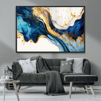 60283636-MGV-CV-36X24-Blue Gold Flow Wall Art Canvas Print, Framed Marble Texture Art Picture Print, Elegant Splash Perfect Elegant Abstract Decor