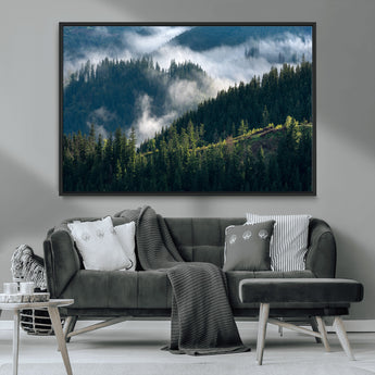 84598503-MGV-CV-36X24-Misty Forest Wall Art Canvas Print, Framed Pine Hills Art Picture Print, Moody Hills Perfect Moody Woodland Decor Artwork