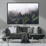 62890402-MGV-CV-36X24-Misty Forest Wall Art Canvas Print, Framed Foggy Pines Art Picture Print, Pine Valley Perfect Moody Woodland Decor Artwork