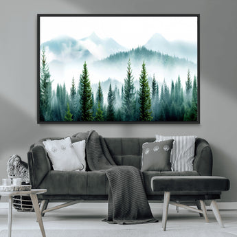 16716676-MGV-CV-36X24-Pine Forest Wall Art Canvas Print, Framed Misty Mountains Art Picture Print, Foggy Trees Perfect Moody Forest Decor Artwork