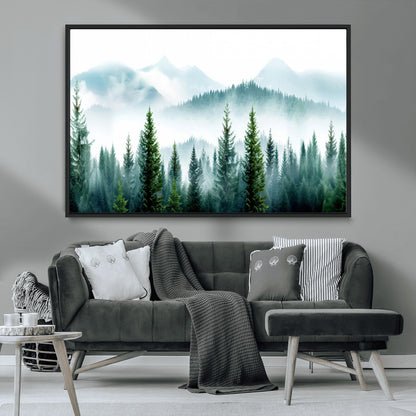 16716676-MGV-CV-36X24-Pine Forest Wall Art Canvas Print, Framed Misty Mountains Art Picture Print, Foggy Trees Perfect Moody Forest Decor Artwork