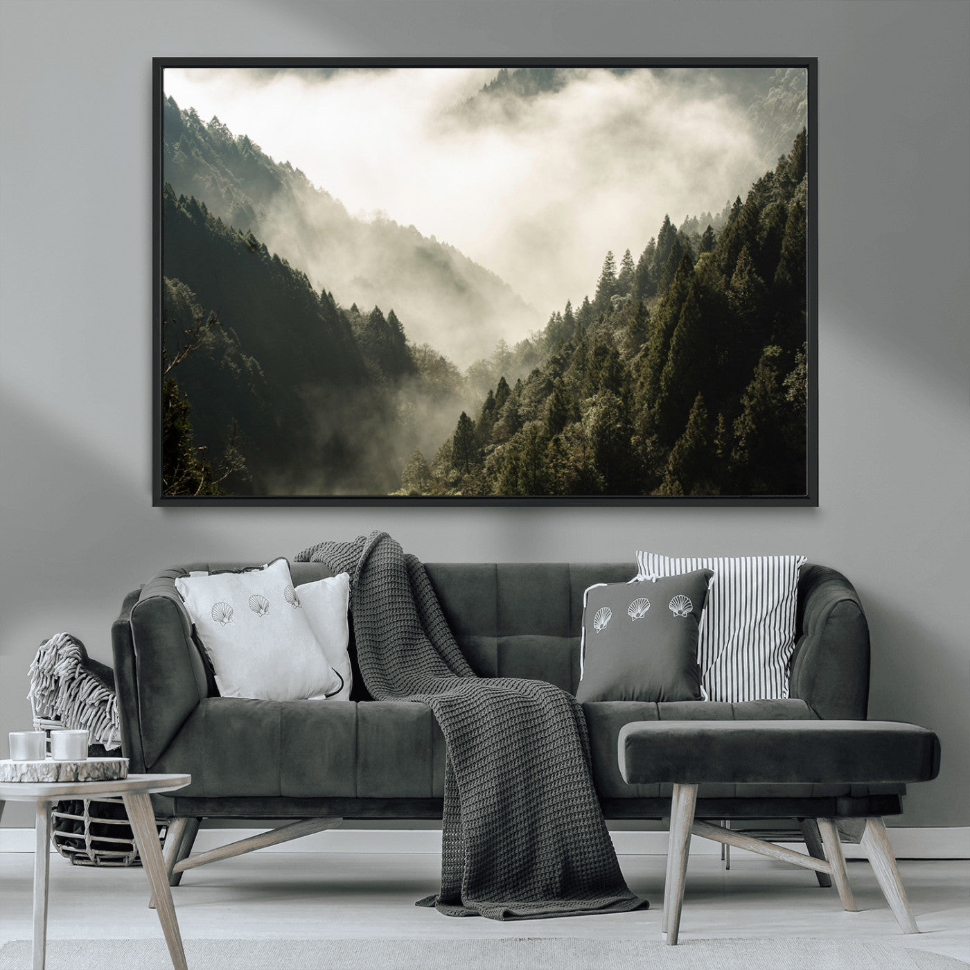 57570237-MGV-CV-36X24-Misty Valley Wall Art Canvas Print, Framed Foggy Forest Art Picture Print, Pine Trees Perfect Moody Woodland Decor Artwork