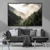 57570237-MGV-CV-36X24-Misty Valley Wall Art Canvas Print, Framed Foggy Forest Art Picture Print, Pine Trees Perfect Moody Woodland Decor Artwork