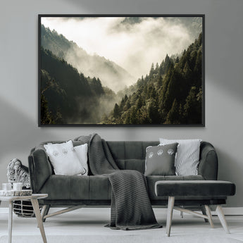 57570237-MGV-CV-36X24-Misty Valley Wall Art Canvas Print, Framed Foggy Forest Art Picture Print, Pine Trees Perfect Moody Woodland Decor Artwork