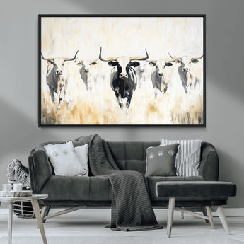 40397799-MGV-CV-36X24-Texas Longhorn Wall Art Canvas Print, Framed Rustic Herd Art Picture Print, Western Bull Perfect Neutral Western Decor Artwork