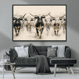 61538944-MGV-CV-36X24-Texas Longhorn Wall Art Canvas Print, Framed Cattles Walking Art Picture Print, Black White Bulls Perfect Rustic Western Decor