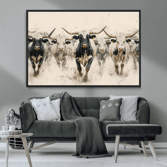 61538944-MGV-CV-36X24-Texas Longhorn Wall Art Canvas Print, Framed Cattles Walking Art Picture Print, Black White Bulls Perfect Rustic Western Decor