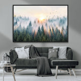 92718976-MGV-CV-36X24-Misty Forest Wall Art Canvas Print, Framed Sunrise Pines Art Picture Print, Foggy Woodland Perfect Moody Woodland Decor Artwork