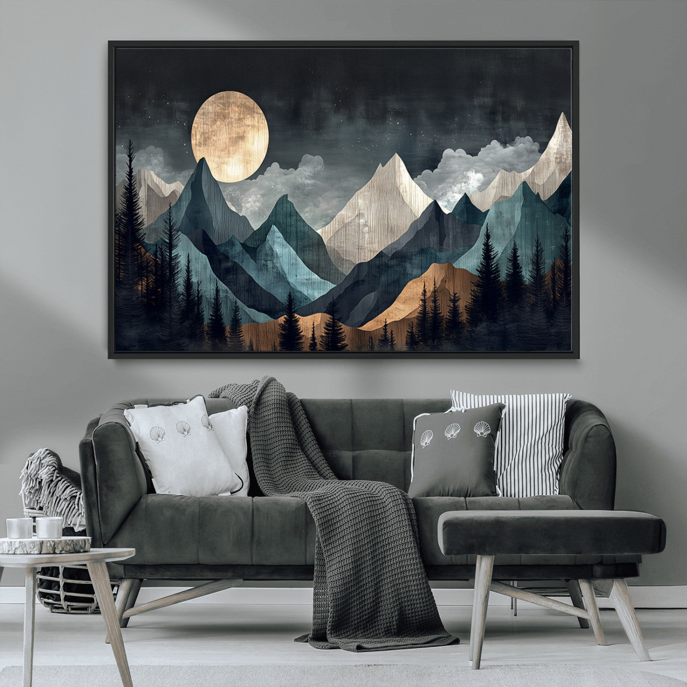 11060882-MGV-FC-36X24_Black-Moonlit Mountains Wall Art Canvas Print, Framed Forest Silhouette Art Picture Print, Night Landscape Perfect Modern Forest Decor