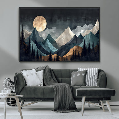 11060882-MGV-FC-36X24_Black-Moonlit Mountains Wall Art Canvas Print, Framed Forest Silhouette Art Picture Print, Night Landscape Perfect Modern Forest Decor